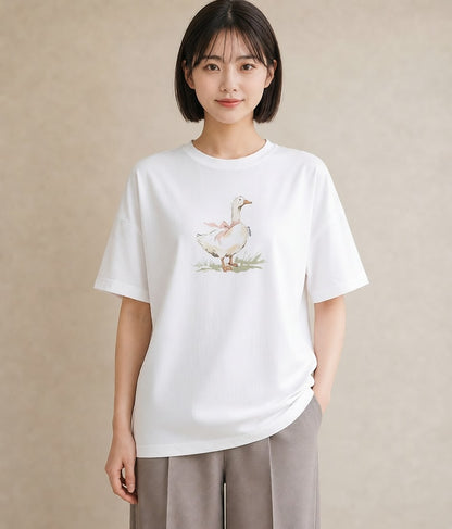 半袖Tシャツ レディース ハクチョウ 動物 アニマル イラスト ゆるコーデ 夏コーデ 通学 白T