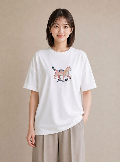 半袖Tシャツ レディース 猫好き 猫 ねこ イラスト レトロ 綿100 デート 白T