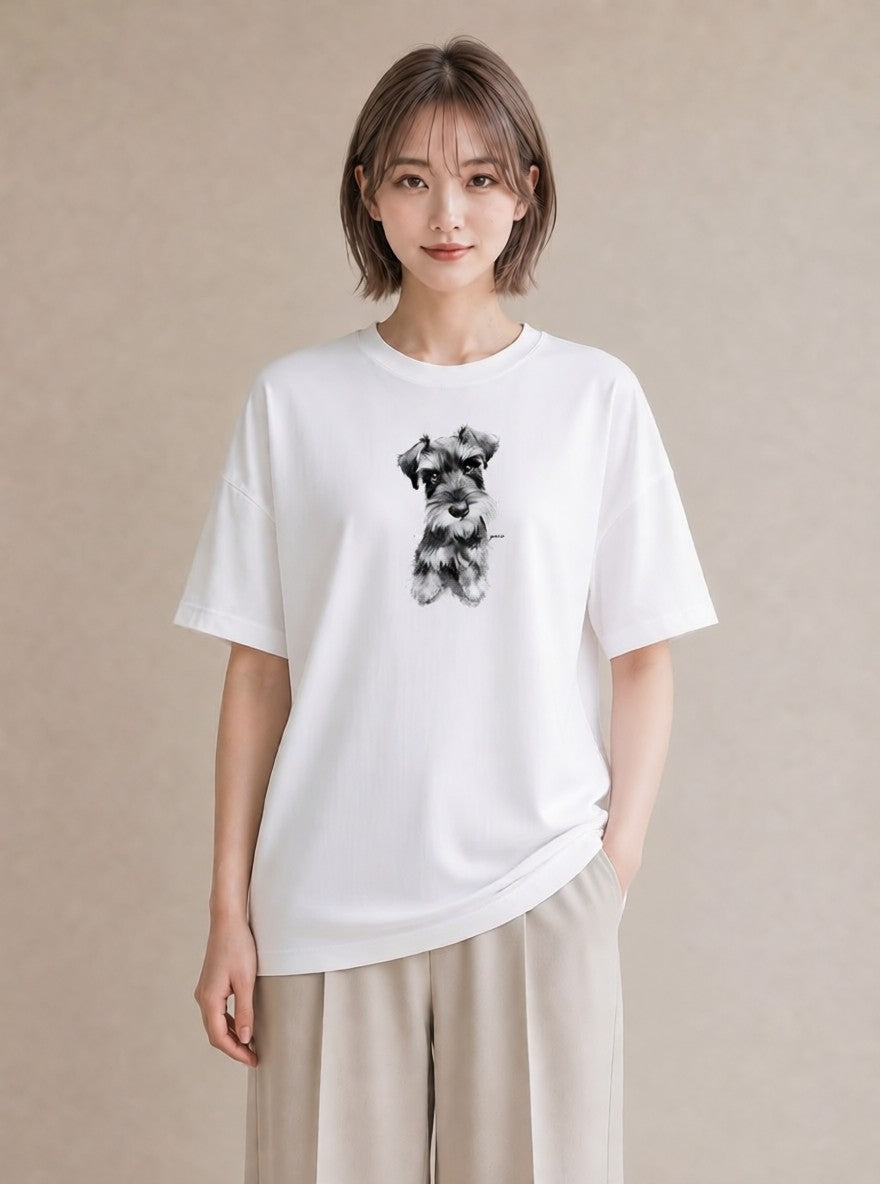 デザインTシャツ レディース ミニチュアシュナウザー 犬 いぬ イラスト カジュアル 社会人 女性 白T
