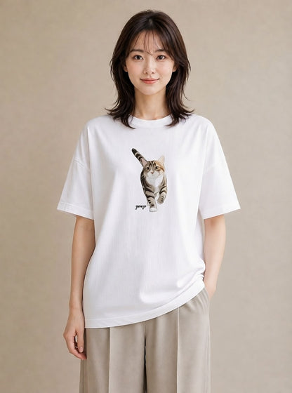 半袖Tシャツ レディース アメリカンショートヘア 猫 ねこ イラスト きれいめ 帰省 ラフ 白T