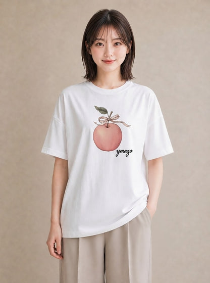 プリントTシャツ レディース りんご 林檎 アップル 食べ物 フード イラスト ガーリー 帰省 ラフ 白T