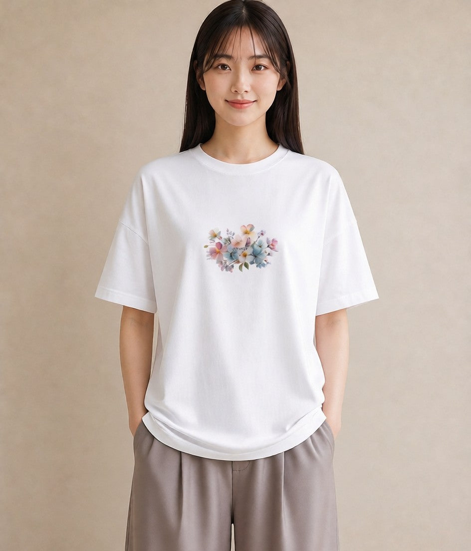 グラフィックTシャツ レディース パンジー 花 花柄 イラスト ガーリー 送別ギフト 通勤 白T