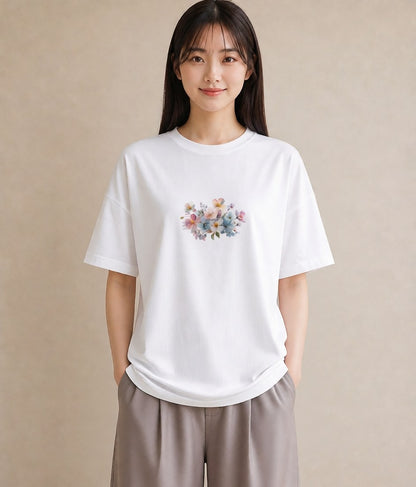 グラフィックTシャツ レディース パンジー 花 花柄 イラスト ガーリー 送別ギフト 通勤 白T