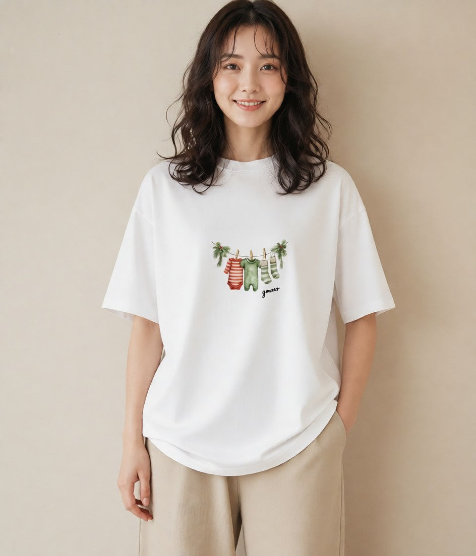 デザインTシャツ レディース 洗濯物 風 ナチュラル アンティーク イラスト きれいめカジュアル 母娘コーデ 自分用 白T