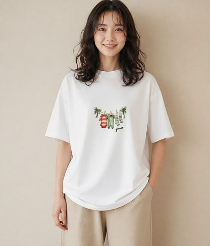 デザインTシャツ レディース 洗濯物 風 ナチュラル アンティーク イラスト きれいめカジュアル 母娘コーデ 自分用 白T