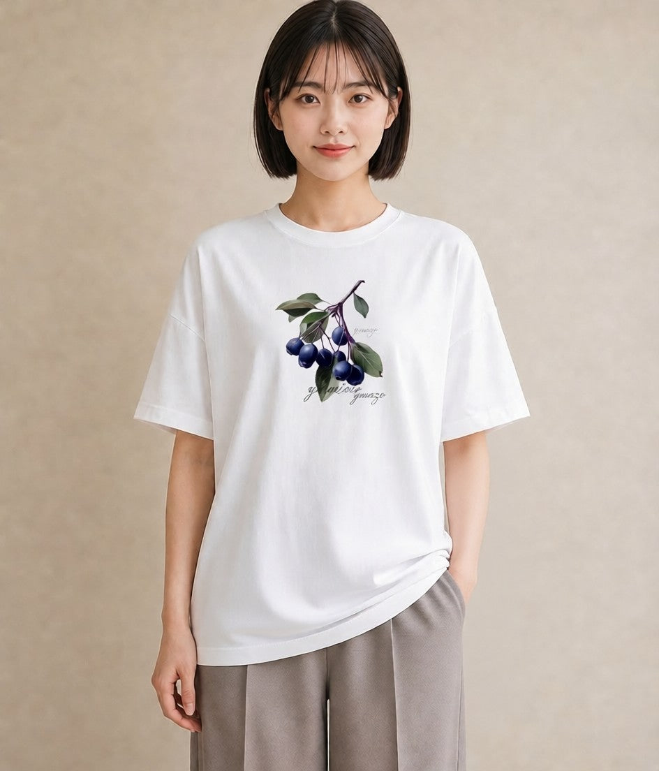 グラフィックTシャツ レディース ブルーベリー 食べ物 フード イラスト 水彩風 在宅 公園 白T