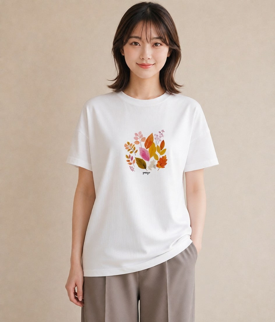プリントTシャツ レディース 落ち葉 植物 ボタニカル イラスト ヴィンテージ風 デイリーウェア 休日 白T