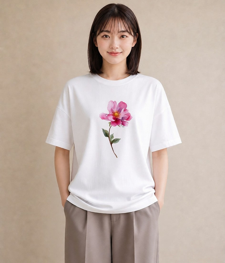 グラフィックTシャツ レディース コスモス 秋桜 花 花柄 イラスト ガーリー 社会人 女性 白T