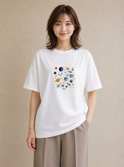 プリントTシャツ レディース 惑星 星空 宇宙 イラスト シンプル 誕生日プレゼント 綿100 白T