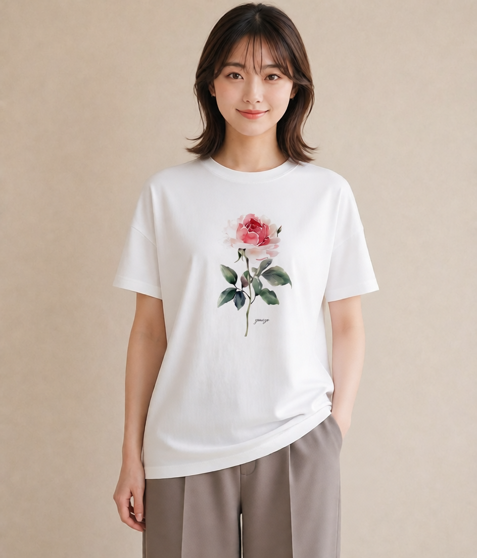 デザインTシャツ レディース バラ 薔薇 ローズ 花 花柄 イラスト ナチュラル 春服 ミセス 白T