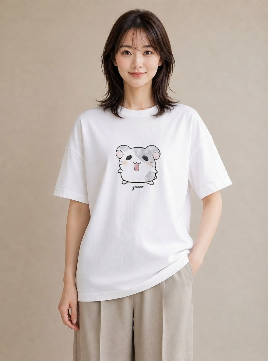 デザインTシャツ レディース チンチラ ペット 動物 イラスト 線画 レイヤード 友達ギフト 白T