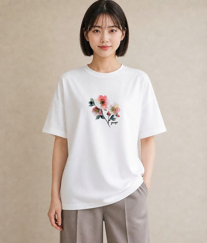 デザインTシャツ レディース 椿 花 花柄 イラスト モード 敬老の日 ホワイトデー 白T
