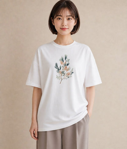 デザインTシャツ レディース 松ぼっくり 植物 ボタニカル イラスト 淡色 おしゃれギフト 社会人 白T