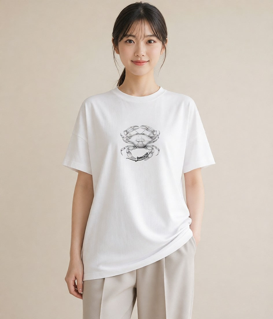 半袖Tシャツ レディース カニ 海の生き物 海 イラスト 抜け感 ママ カフェ服 白T