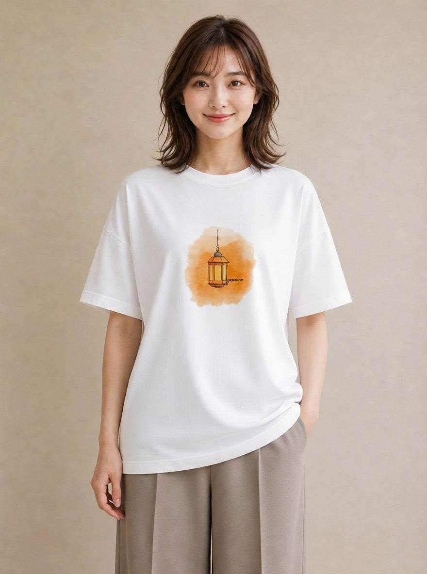 半袖Tシャツ レディース 街灯 夜霧 夜 ナチュラル アンティーク イラスト ポップ 部屋着 女性向けギフト 白T