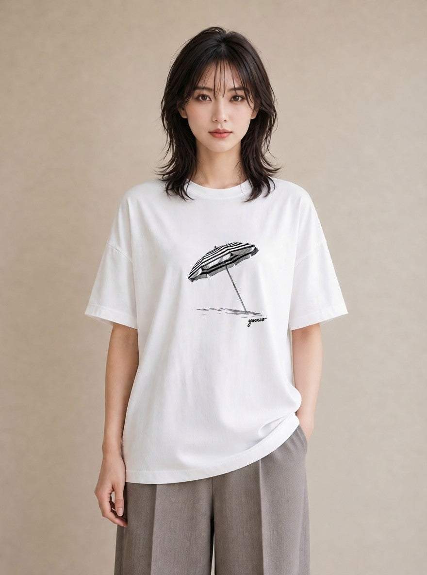 グラフィックTシャツ レディース 傘 水たまり 雨 ナチュラル アンティーク イラスト 韓国風 送別ギフト 通勤 白T