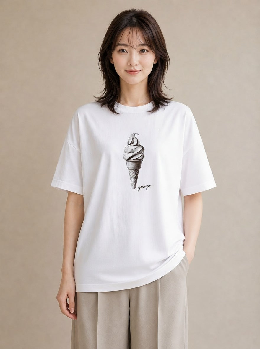 Tシャツ レディース ソフトクリーム 食べ物 フード イラスト カジュアル 公園 ママ 白T