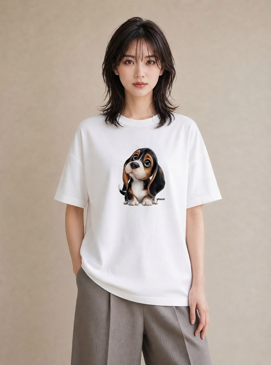 半袖Tシャツ レディース ビーグル 犬 いぬ イラスト 旅行コーデ 通勤 在宅 白T