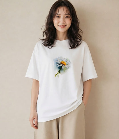 半袖Tシャツ レディース マーガレット 花 花柄 イラスト 水彩風 お出かけ 普段着 白T
