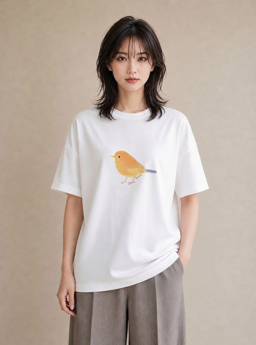 半袖Tシャツ レディース 小鳥 ペット 動物 イラスト 北欧風 散歩 お出かけ 白T
