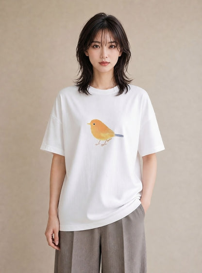 半袖Tシャツ レディース 小鳥 ペット 動物 イラスト 北欧風 散歩 お出かけ 白T