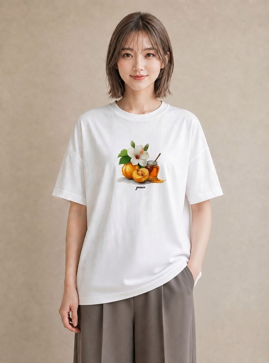 プリントTシャツ レディース はちみつ 食べ物 フード イラスト 線画 夏コーデ 通学 白T