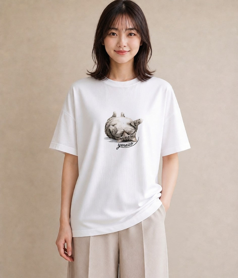 半袖Tシャツ レディース おすわり猫 猫 ねこ イラスト ゆるコーデ 送別ギフト 通勤 白T