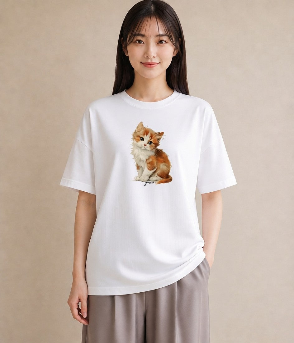 半袖Tシャツ レディース 茶トラ 茶猫 猫 ねこ イラスト モード 普段着 週末コーデ 白T