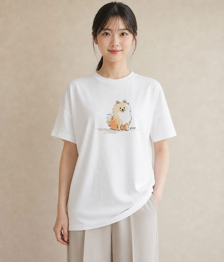 グラフィックTシャツ レディース ポメラニアン ポメ 犬 いぬ イラスト 水彩風 母の日 ビーチ 白T