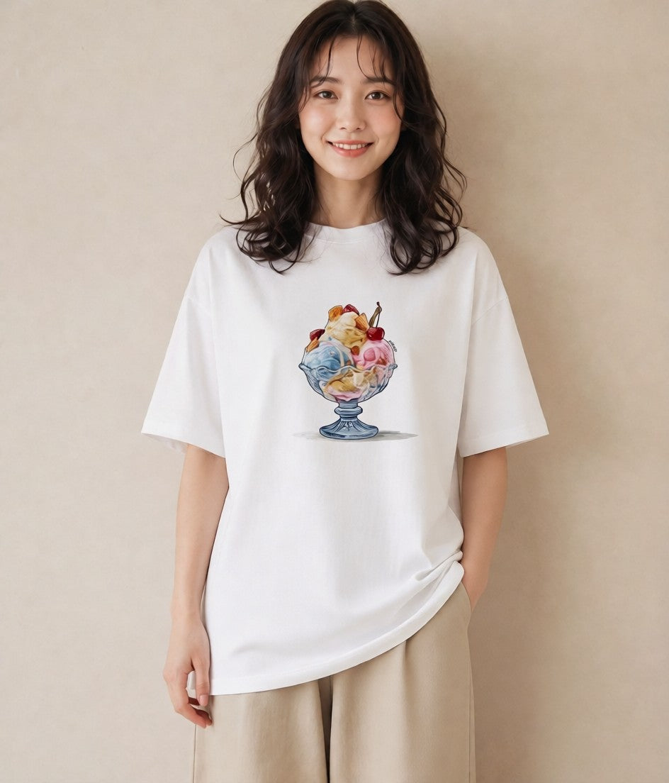 半袖Tシャツ レディース アイス 食べ物 フード イラスト 上品 カフェ巡り 女子会 白T