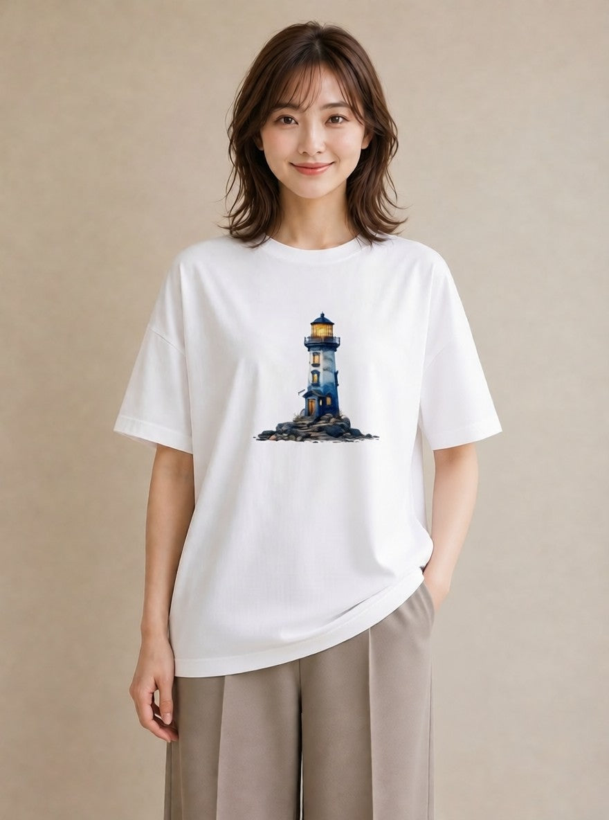 Tシャツ レディース 灯台 霧 海 ナチュラル アンティーク イラスト きれいめ カフェ巡り 女子会 白T