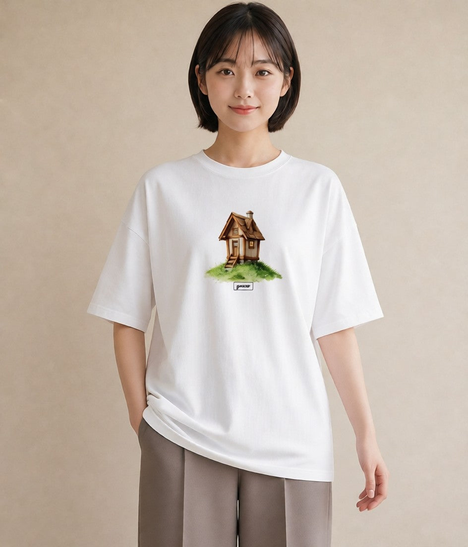 半袖Tシャツ レディース 灯りの家 小屋 夜 ナチュラル アンティーク イラスト ニュアンス 母の日 ビーチ 白T