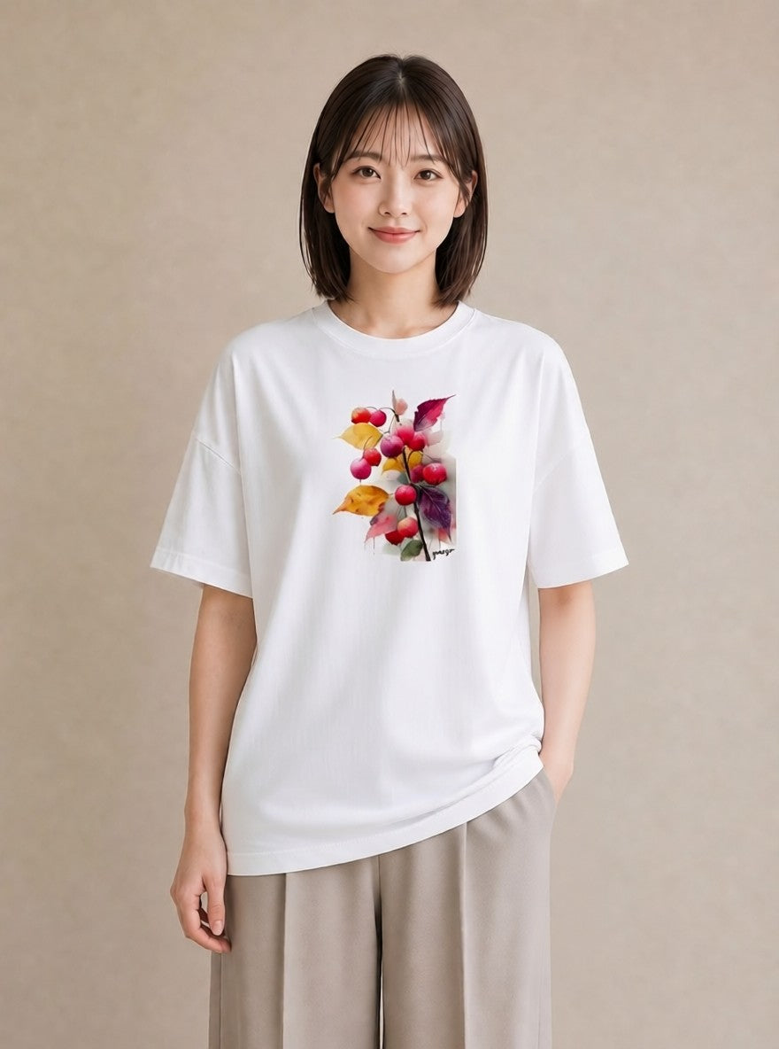 デザインTシャツ レディース 木の実 植物 ボタニカル イラスト カフェコーデ 買い物 夏コーデ 白T