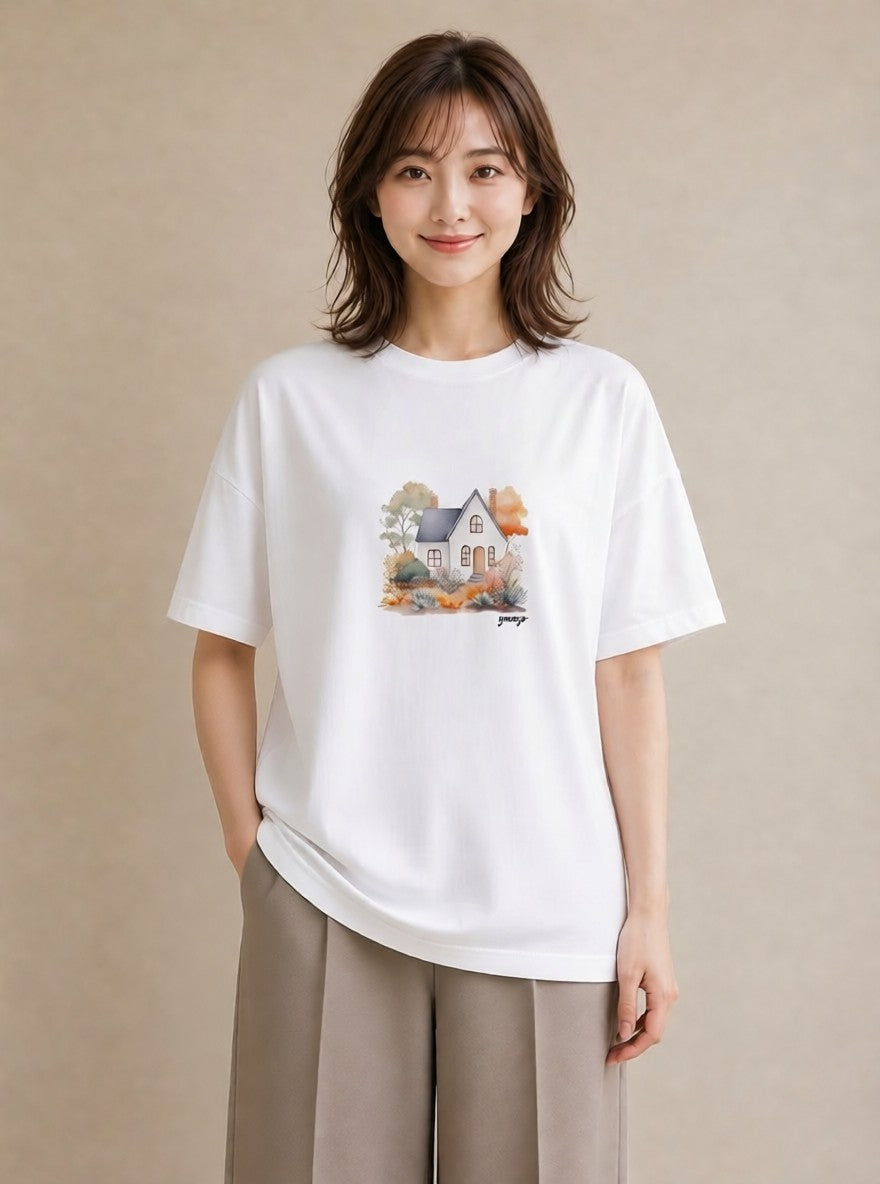 Tシャツ レディース 湖畔の小屋 湖 小屋 ナチュラル アンティーク イラスト アート風 公園 ママ 白T