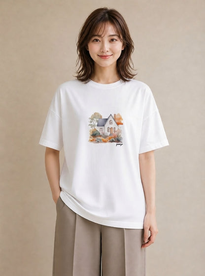 Tシャツ レディース 湖畔の小屋 湖 小屋 ナチュラル アンティーク イラスト アート風 公園 ママ 白T