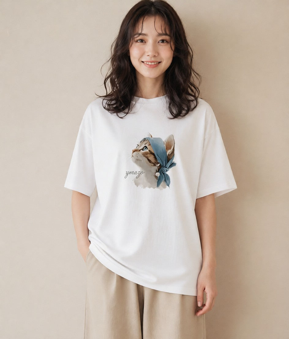 プリントTシャツ レディース アビシニアン 猫 ねこ イラスト アート風 ミセス 春コーデ 白T