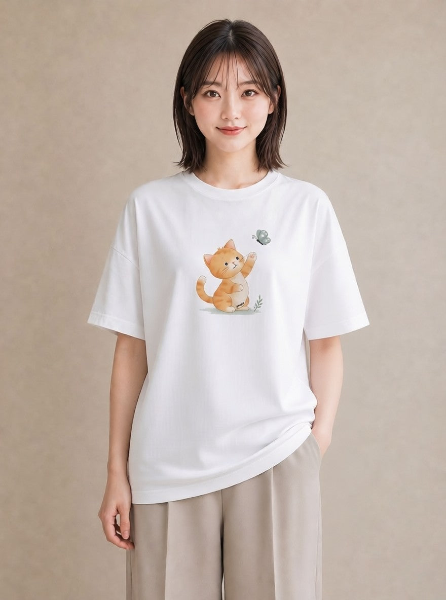 プリントTシャツ レディース 茶トラ 茶猫 猫 ねこ イラスト ラフカジュアル 友達ギフト 部屋着 白T