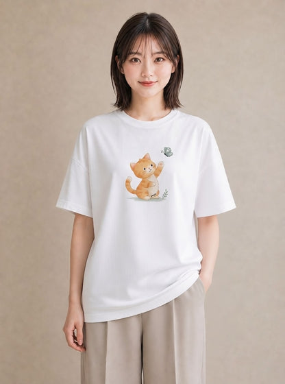 プリントTシャツ レディース 茶トラ 茶猫 猫 ねこ イラスト ラフカジュアル 友達ギフト 部屋着 白T