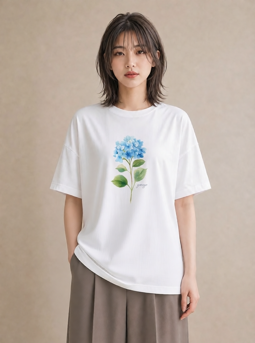 Tシャツ レディース あじさい 紫陽花 アジサイ 花 花柄 イラスト ヴィンテージ風 カフェ巡り 女子会 白T