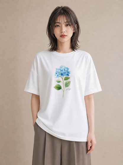Tシャツ レディース あじさい 紫陽花 アジサイ 花 花柄 イラスト ヴィンテージ風 カフェ巡り 女子会 白T