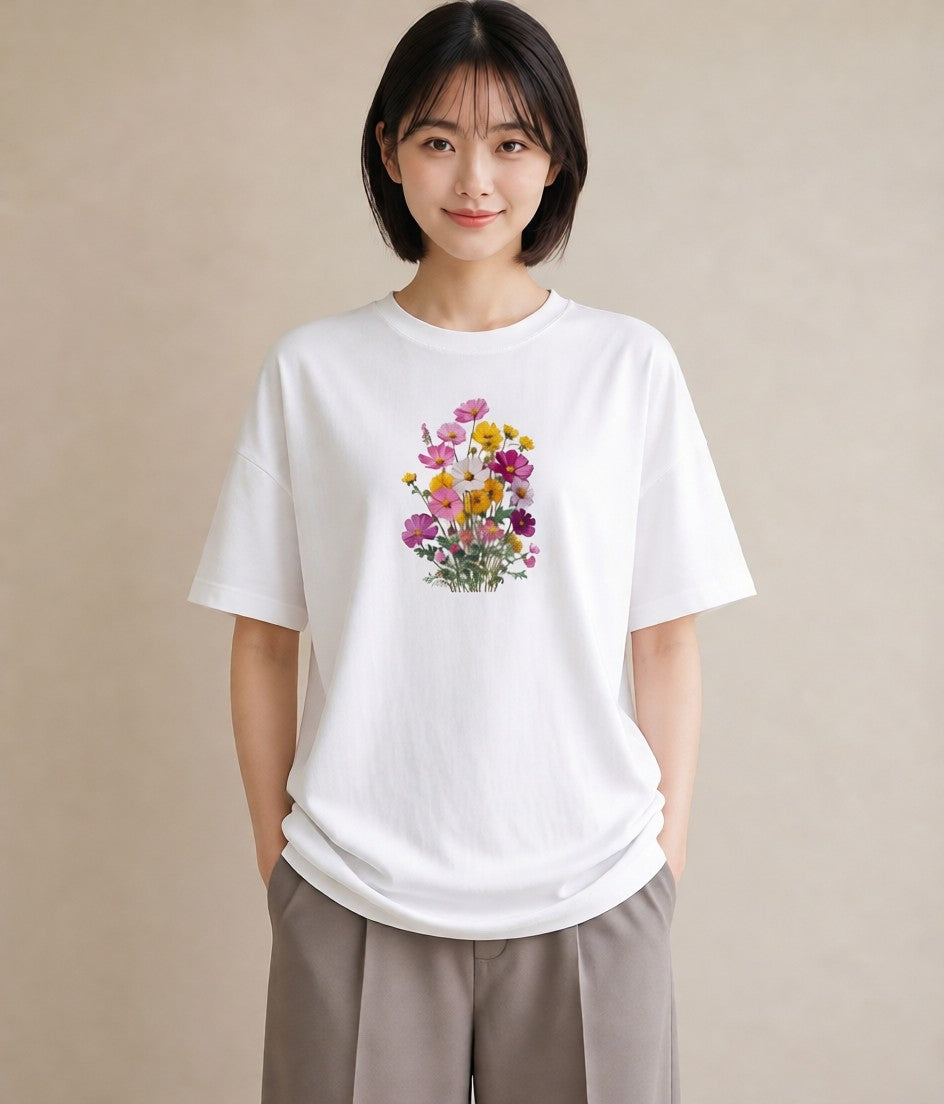 半袖Tシャツ レディース コスモス 秋桜 花 花柄 イラスト ゆるかわ お出かけ 普段着 白T