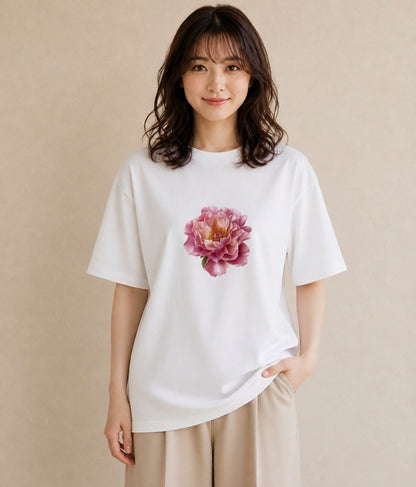 半袖Tシャツ レディース 牡丹 花 花柄 イラスト ゆるコーデ 敬老の日 ホワイトデー 白T