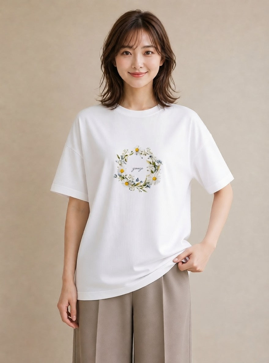 Tシャツ レディース デイジー 花 花柄 イラスト シンプル 春服 ミセス 白T