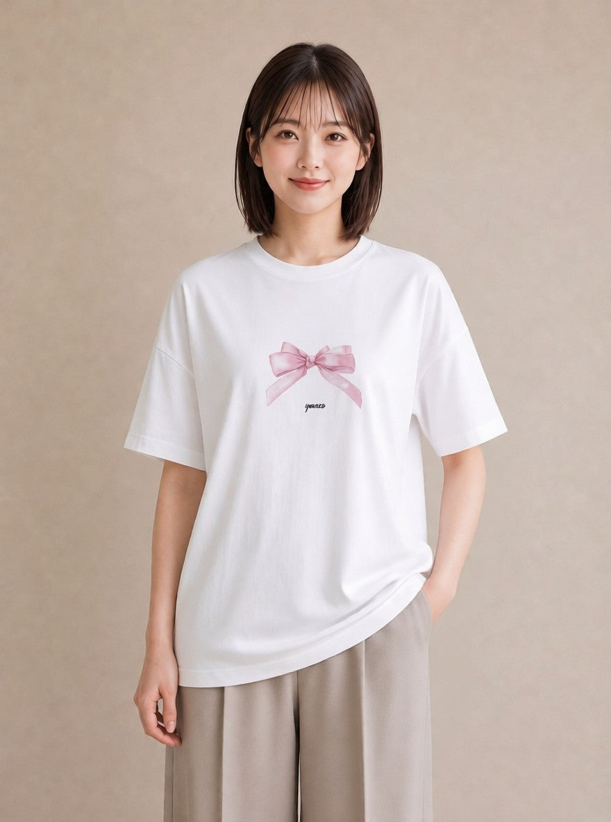 プリントTシャツ レディース リボン 蝶結び ナチュラル アンティーク イラスト 可愛い 在宅 公園 白T