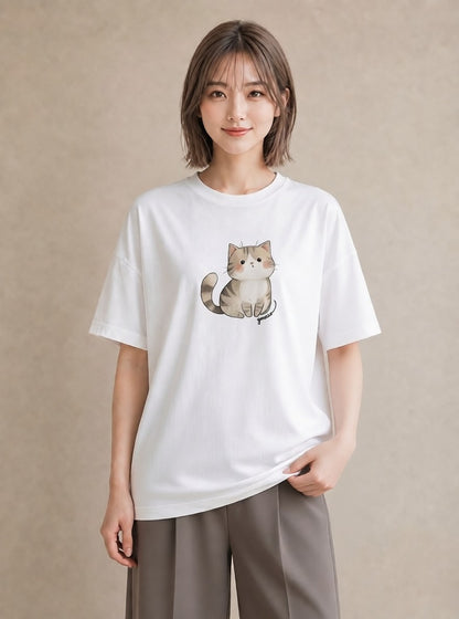 プリントTシャツ レディース エキゾチックショートヘア 猫 ねこ イラスト フェミニン 在宅 公園 白T