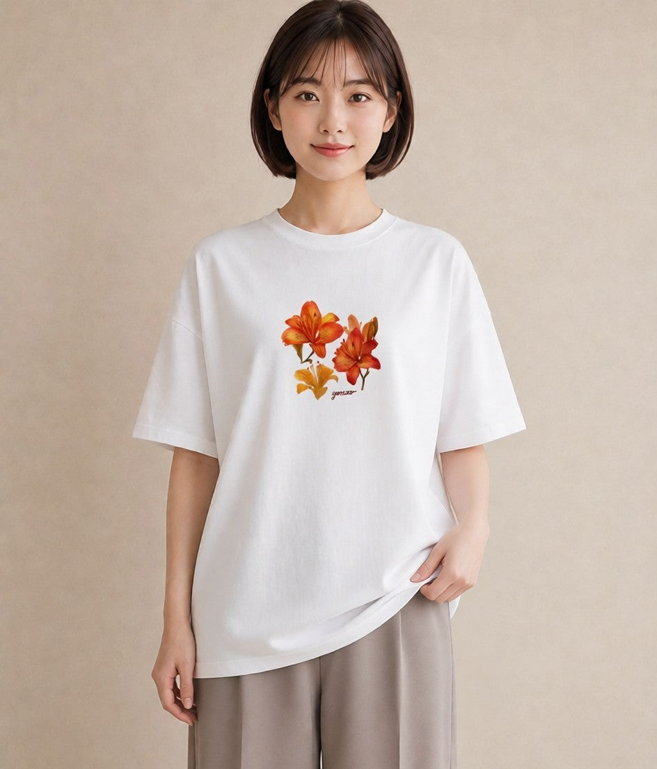 デザインTシャツ レディース ゆり 百合 花 花柄 イラスト 個性的 海 カフェ巡り 白T