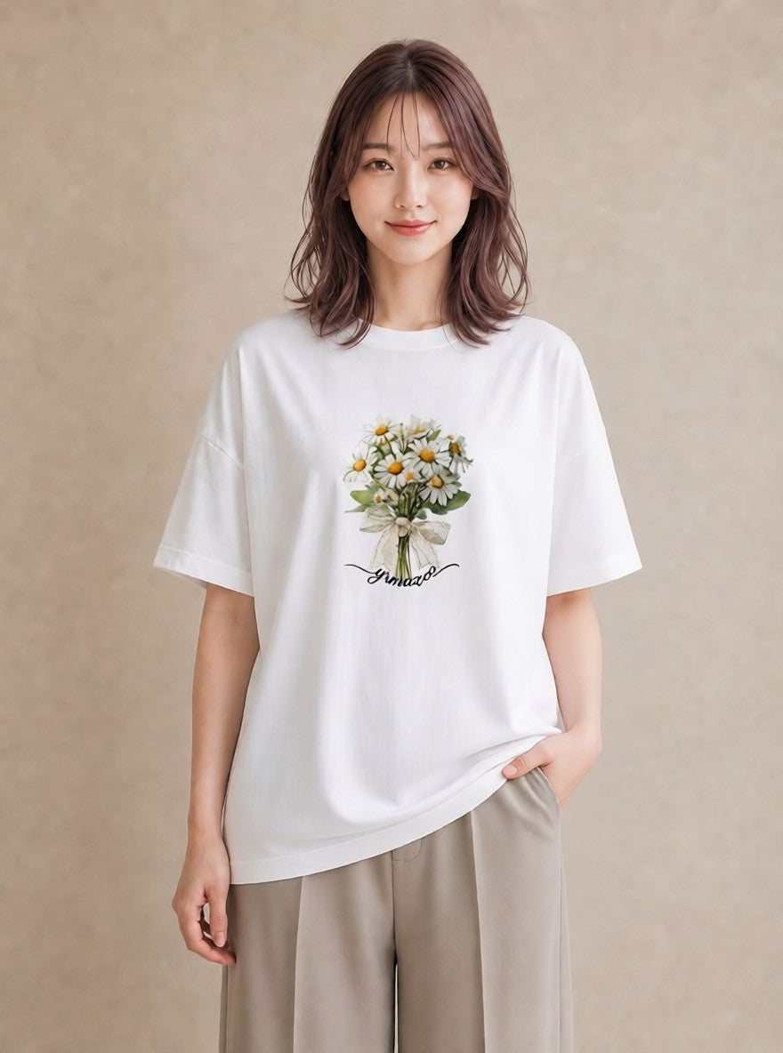 Tシャツ レディース マーガレット 花 花柄 イラスト きれいめ ギフト 母の日 白T
