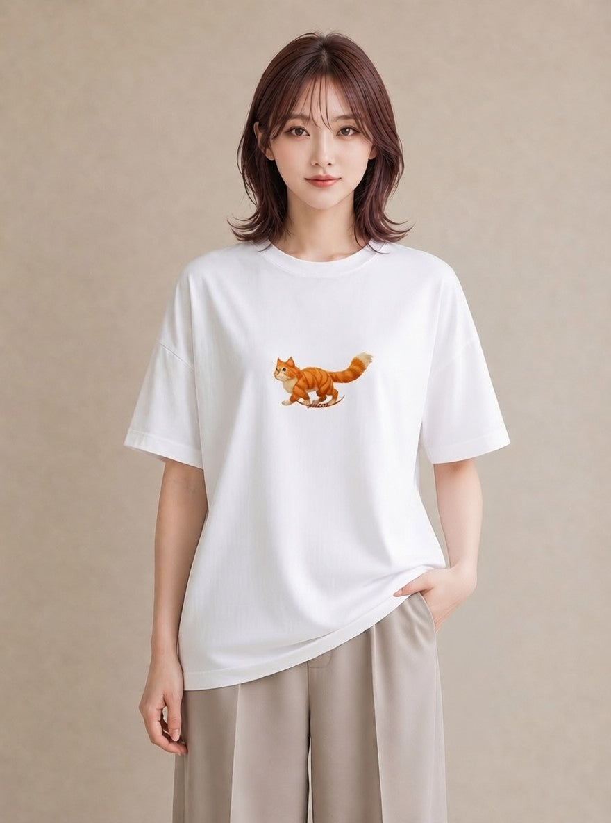 グラフィックTシャツ レディース 茶トラ 茶猫 猫 ねこ イラスト 淡色 自分用 ルームウェア 白T