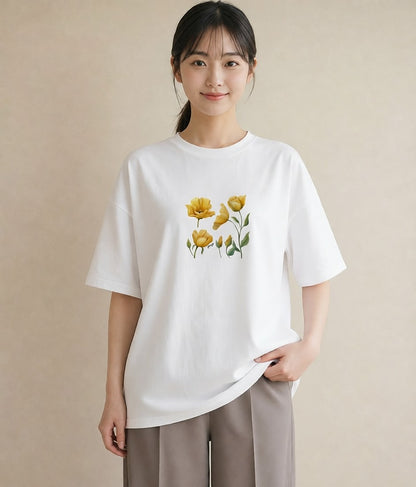 Tシャツ レディース チューリップ 花 花柄 イラスト ゆるコーデ ラフ レイヤード 白T