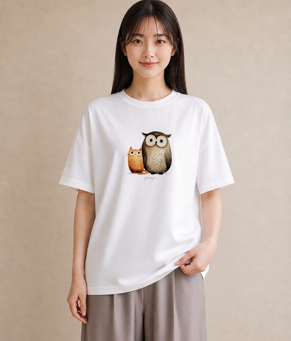 プリントTシャツ レディース シロフクロウ 動物 アニマル イラスト レトロ 姉妹 送別ギフト 白T